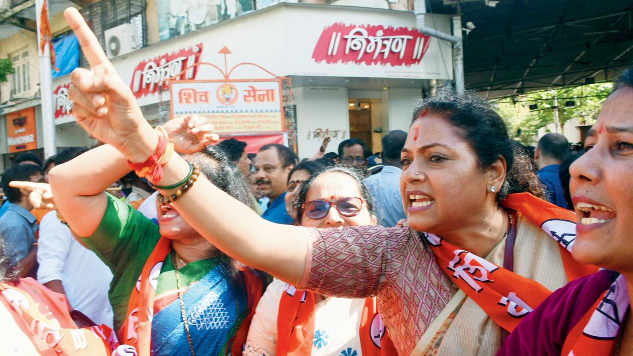 Shiv Sena party workers came out in support of Uddhav Thackeray at the party’s headquarters in Dadar
