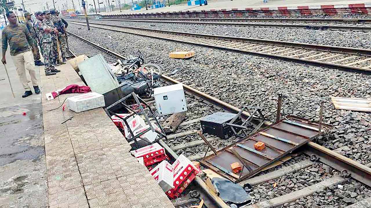 Protesters dump railway properties onto tracks, at Bhabua in Bihar