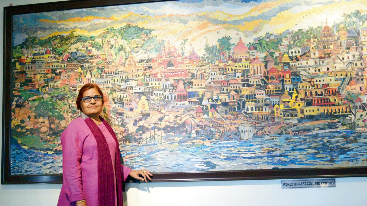 Uma Sharma with her largest paper collage, A view of Yamuna Ghat