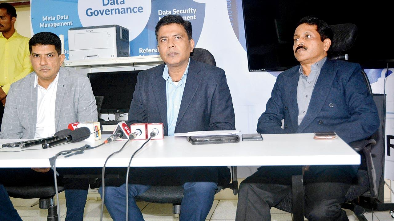 (From left) Maharashtra Cyber Cell SP Sanjay Shintre, ADG Madhukar Pandey, IG Yashasvi Yadav at a press conference on Monday