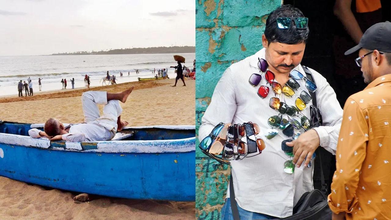 Dabbawala relaxing on boat (L) and Vendor turns display model to sell sunglasses. Pic/Midday photo team