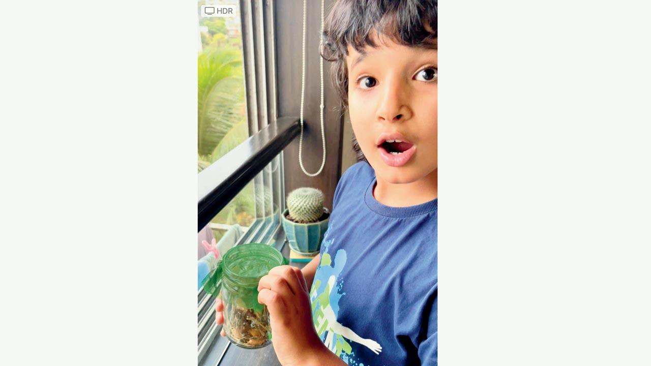 Lalwani’s son Araan with a rescued caterpillar