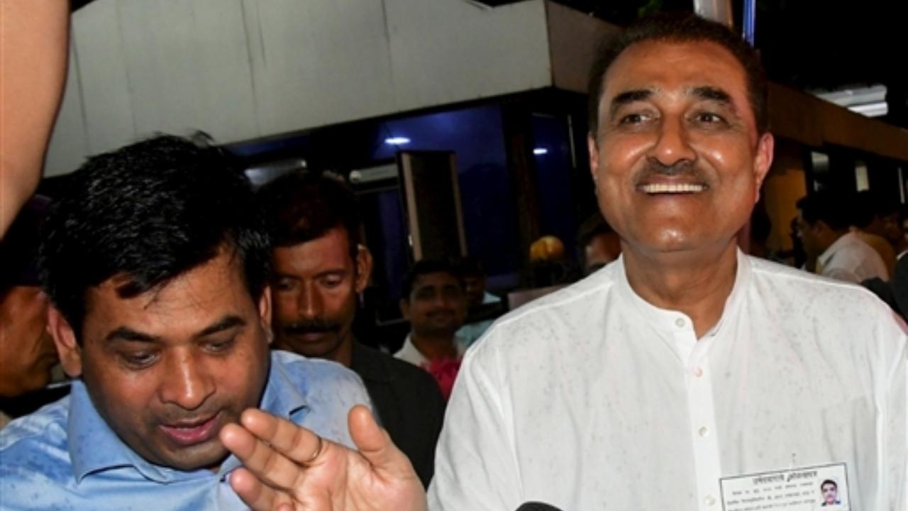 Nationalist Congress Party (NCP) winning candidate Praful Patel with party workers after being elected as Rajya Sabha member