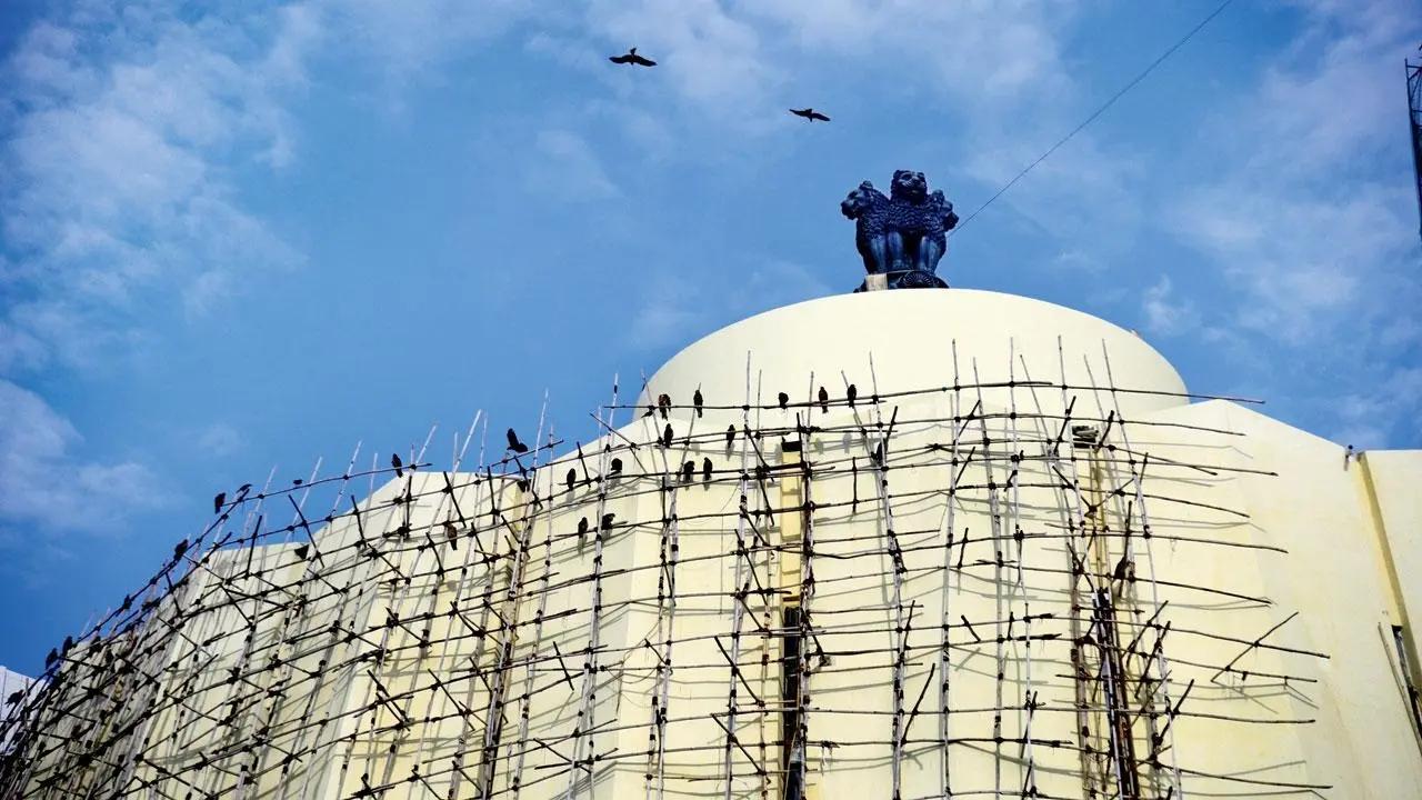 Preying for Democracy: Kites hover around the national emblem atop Vidhan Bhawan and crowd the scaffoldings around it at Nariman Point. Pic/Pradeep Dhivar