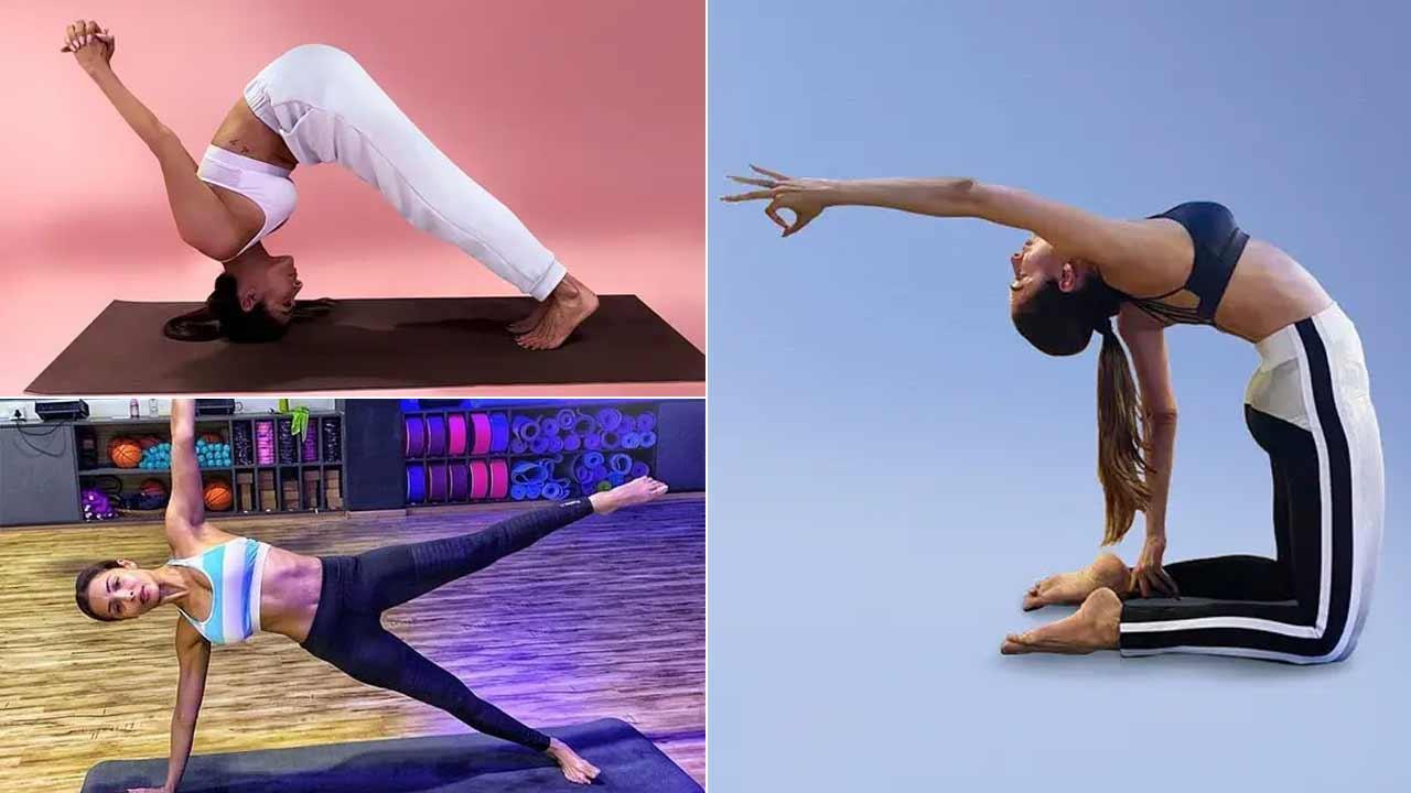 A collage of Malaika Arora performing yoga