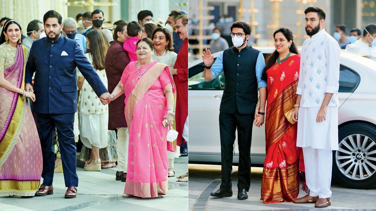 Akash and Shloka Ambani with grandmother, Kokilaben; (right) Aaditya Thackeray with his brother Tejas and mother Rashmi