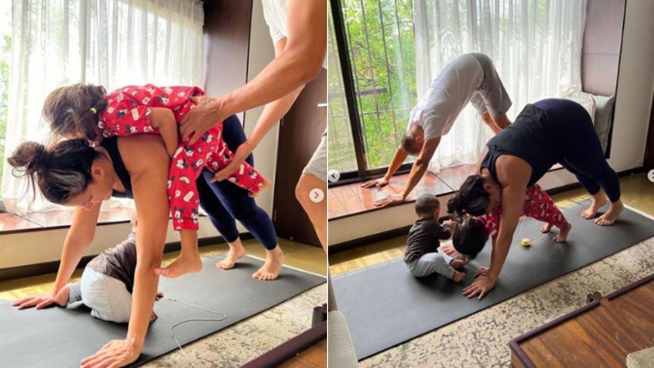 Neha Dhupia attempts to strike 'fine balance' doing yoga with kids