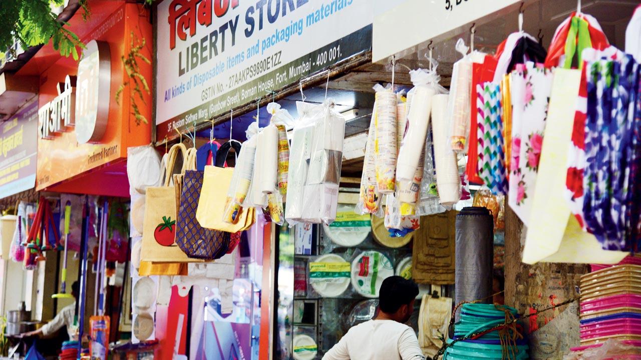 Thermocol and plastic products such as plates and tumblers being sold at a store in Fort, on Wednesday