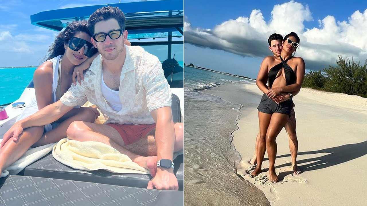 A collage of Priyanka Chopra and Nick Jonas's beach vacation
