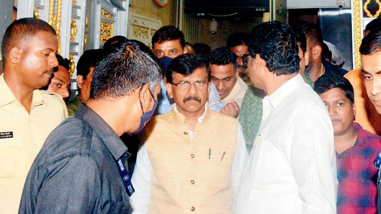 Shiv Sena MP Sanjay Raut outside Shiv Sena Bhavan, in Dadar, on Monday. Pic/Satej Shinde