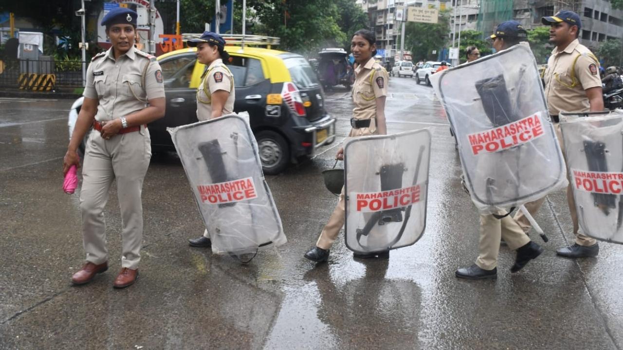 Amid the escalating political tension in the state and the Supreme Court hearing today, security has been beefed up outside the Shiv Sena Bhavan in Dadar