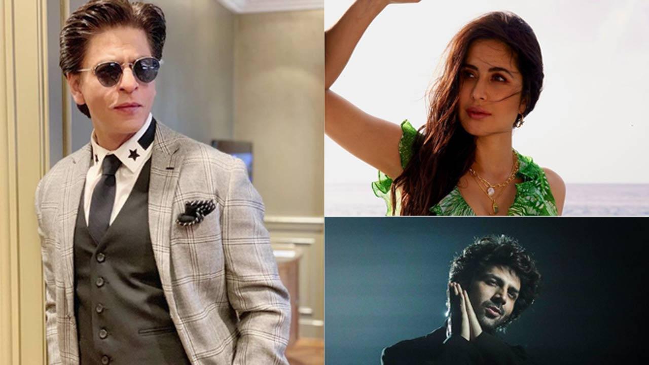 A collage of Shah Rukh Khan, Katrina Kaif, Kartik Aaryan
