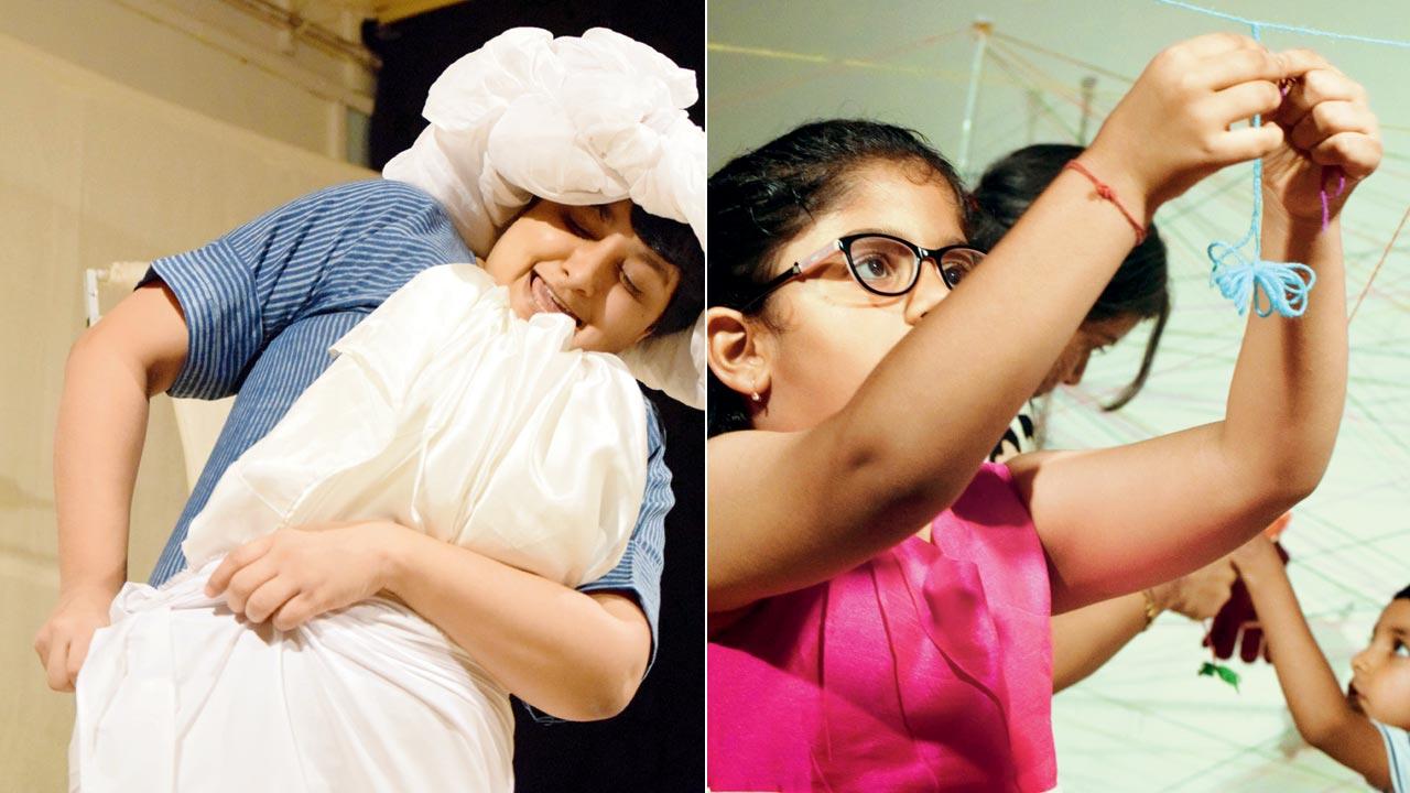 Mukhopadhyaya in Warp and Weft, a play for six to 18-month-old babies and their caregivers. PIC COURTESY/Kunal Sharma; (right) Children in a post-play interaction with material. Pic Courtesy/Abhisar Bose