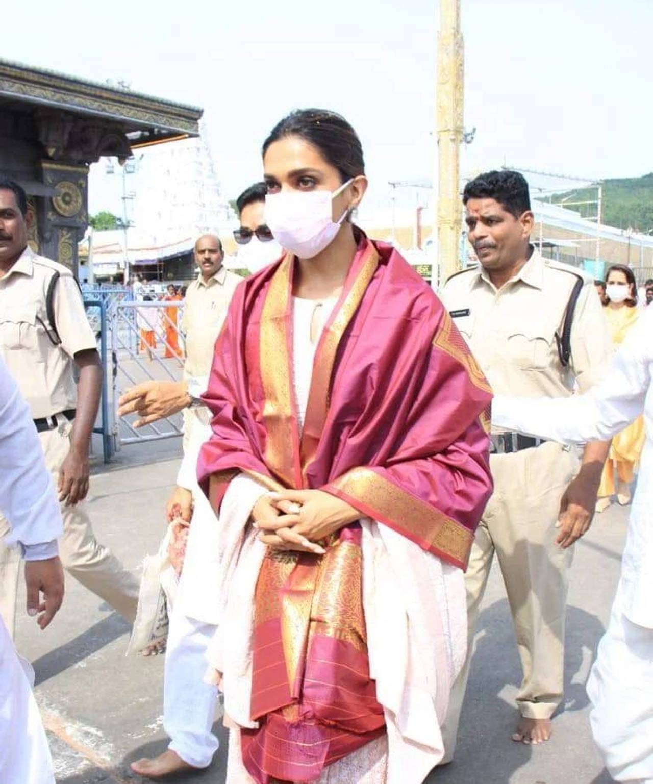 Deepika Padukone was spotted in a powder pink Lucknowi suit, and the traditional Tirupati shawl