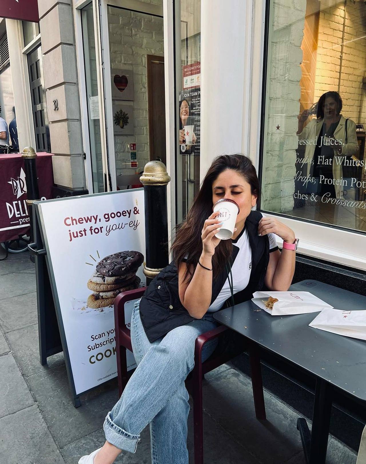 'Waited two years for you baby,' wrote Kareena Kapoor as she enjoyed her sip of coffee on the streetside of the U.K. Also, taking to the social media application, Kareena Kapoor dropped a picture of her husband Saif Ali Khan from the streets of the UK, where the actor seen holding shopping bags in his hand, hinting that he is on a shopping spree