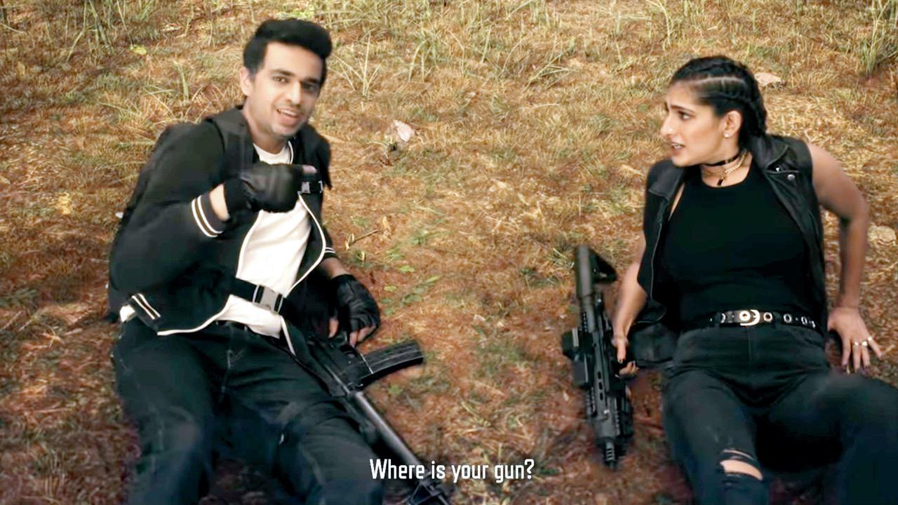 A screenshot of the video featuring Rohan Joshi and Kubbra Sait playing PUBG