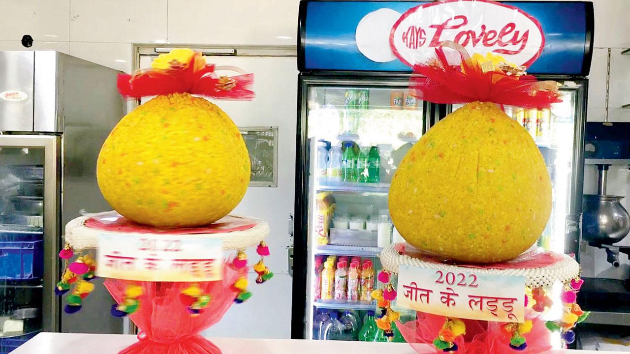 Laddoos sit at a shop as parties gear up for celebrations ahead of Punjab poll results. Pic/ANI