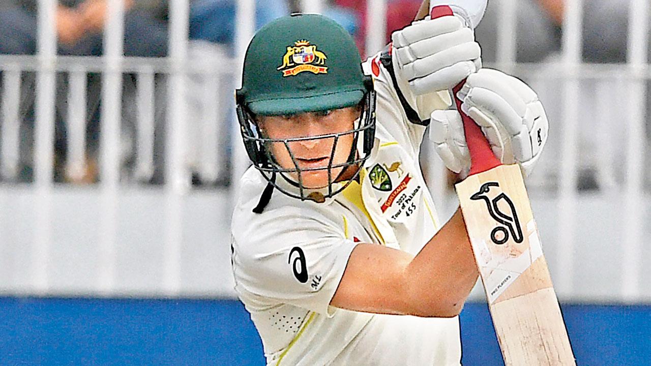 Australia’s Marnus Labuschagne en route his 90 yesterday. Pic/AFP