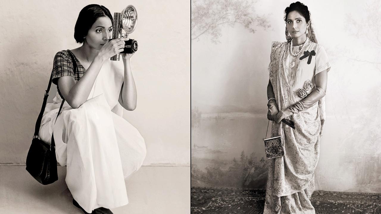 A model emulates Homai Vyarawalla and Lady Meherbai Tata’s (right) style