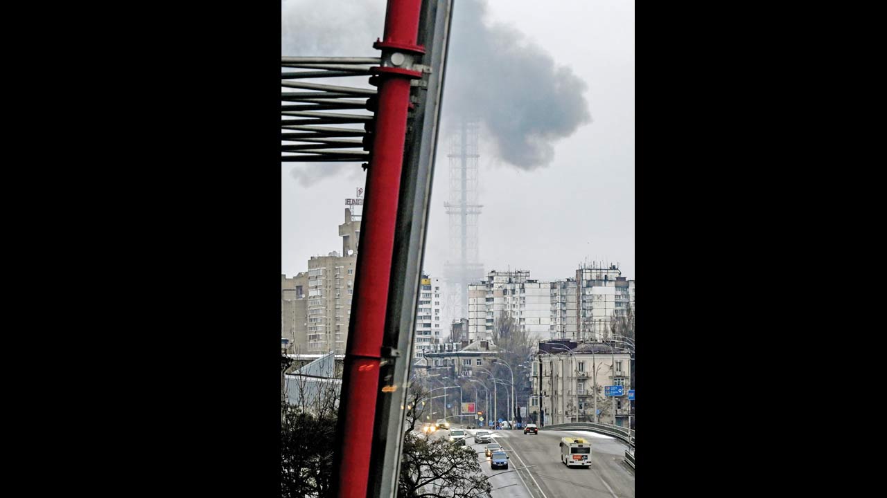 A Russian missile struck a television tower in Kyiv, after troops had amassed near the capital, on Tuesday. Pic/AFP