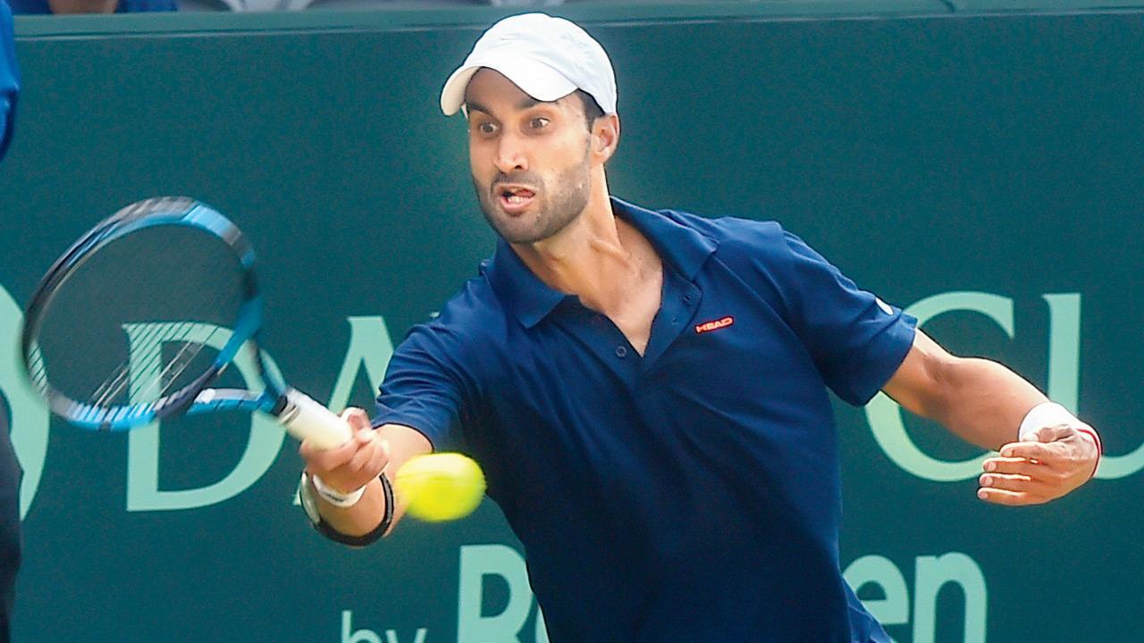 India’s Yuki Bhambri during his tie against Denmark’s Mikael Torpegaard in New Delhi yesterday. Pics/PTI