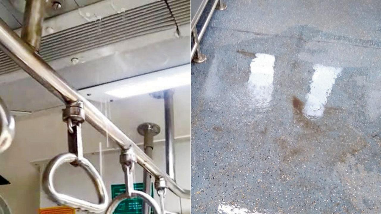 A commuter said water was leaking from the AC vent; it had pooled in the compartment, making the floor slippery