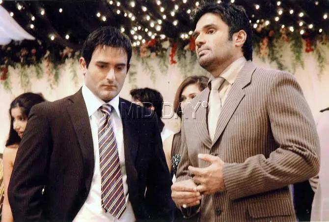In 2012, Akshaye Khanna starred in Gali Gali Chor Hai, which also flopped at the box office, following which he took a four-year break from acting.
Pictured: Akshaye Khanna with Suniel Shetty.
