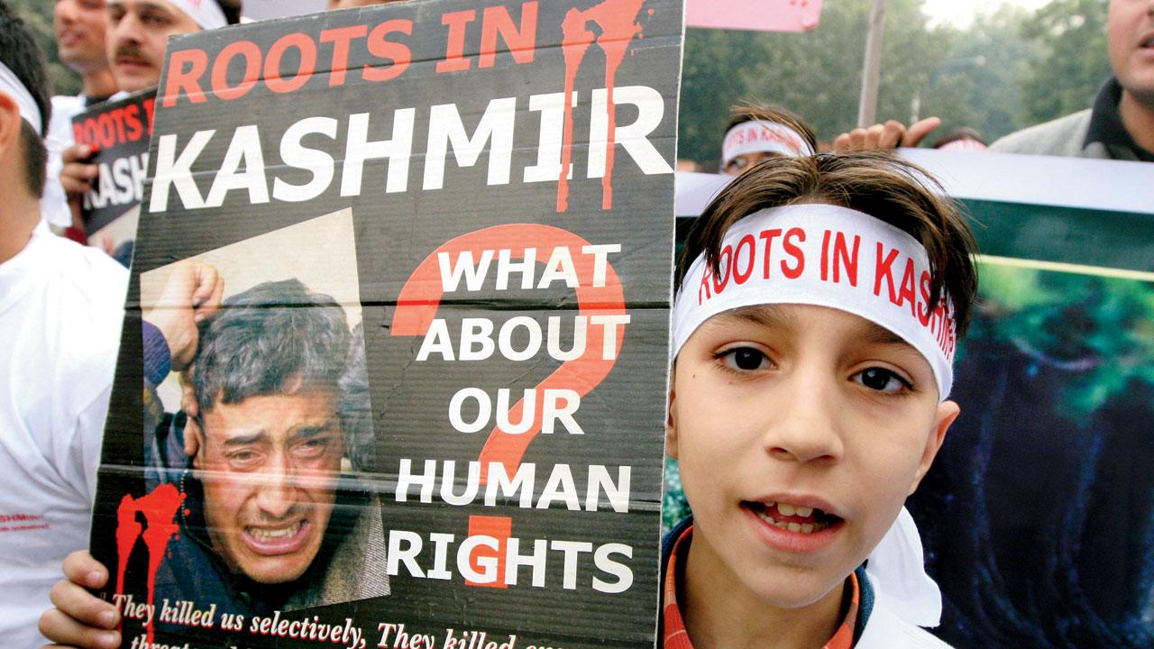 Kashmiri Pandit children held a protest rally on the eve of International Human Rights Day to condemn the National Human Rights Commission (NHRC) failure to address the grievances of the Pandit community in New Delhi in 2007. Pic/Getty Images