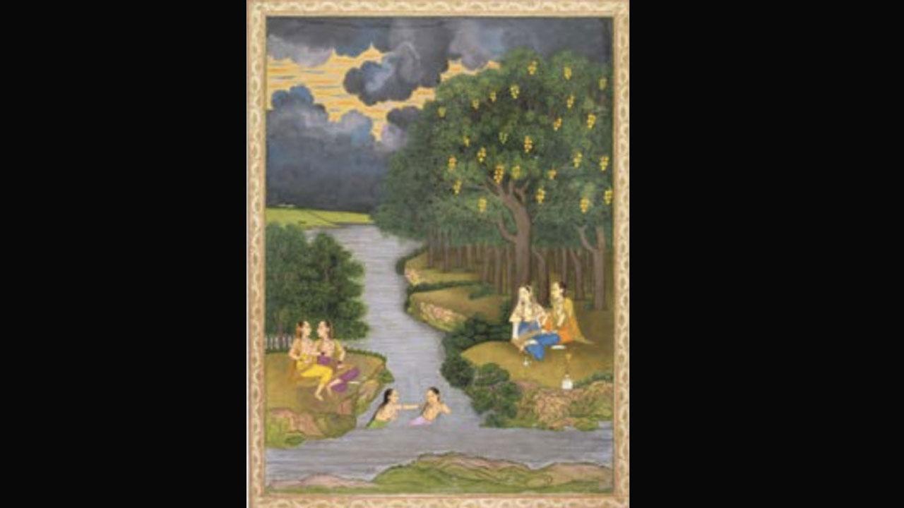 Women enjoying the river at the forest’s edge, c. 1765. Style of Hunhar II (Indian, active mid-1700s), Artokoloro: A miniature painting highlights women playing in the water with their braids untied. Another group sits on the banks of the pond with their drenched silken garments stuck to the hips. As the poem suggests, the Indian summer is experienced by the women along the flora and fauna and a mango tree—dotted with archetypical fruits of the summer