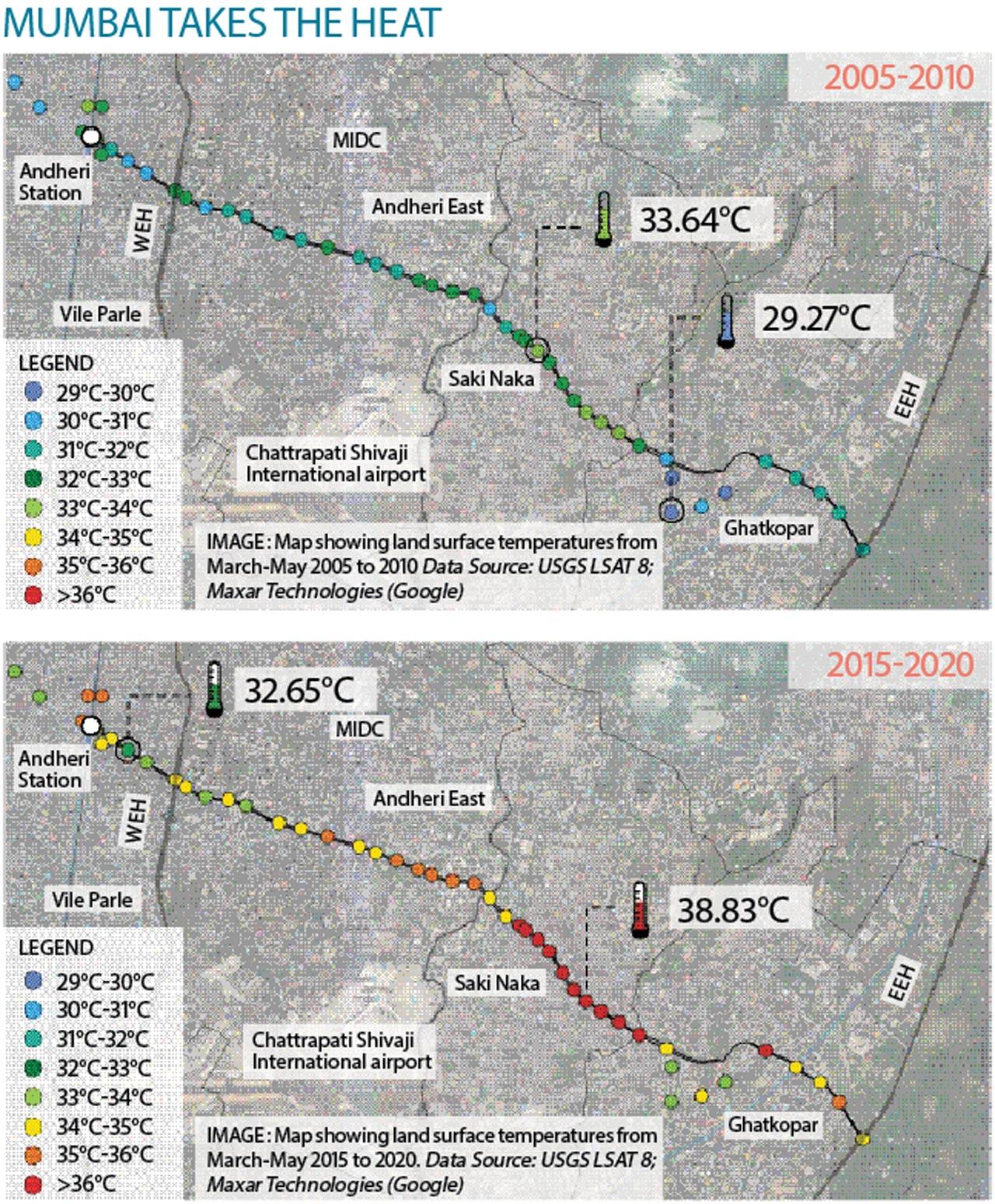 Land surface temperature increase over 10 years (range from 2005-2010 [top] and 2015-2020 [bottom]) along Andheri-Ghatkopar link road due to heat island effect. Courtesy/Mumbai Climate Action Plan 2022