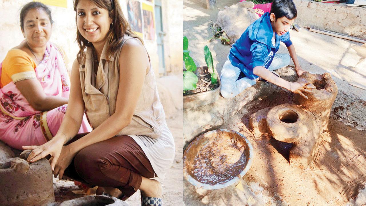 Nitisha Agarwal; (right) Ayaana Chhabra making the stoves