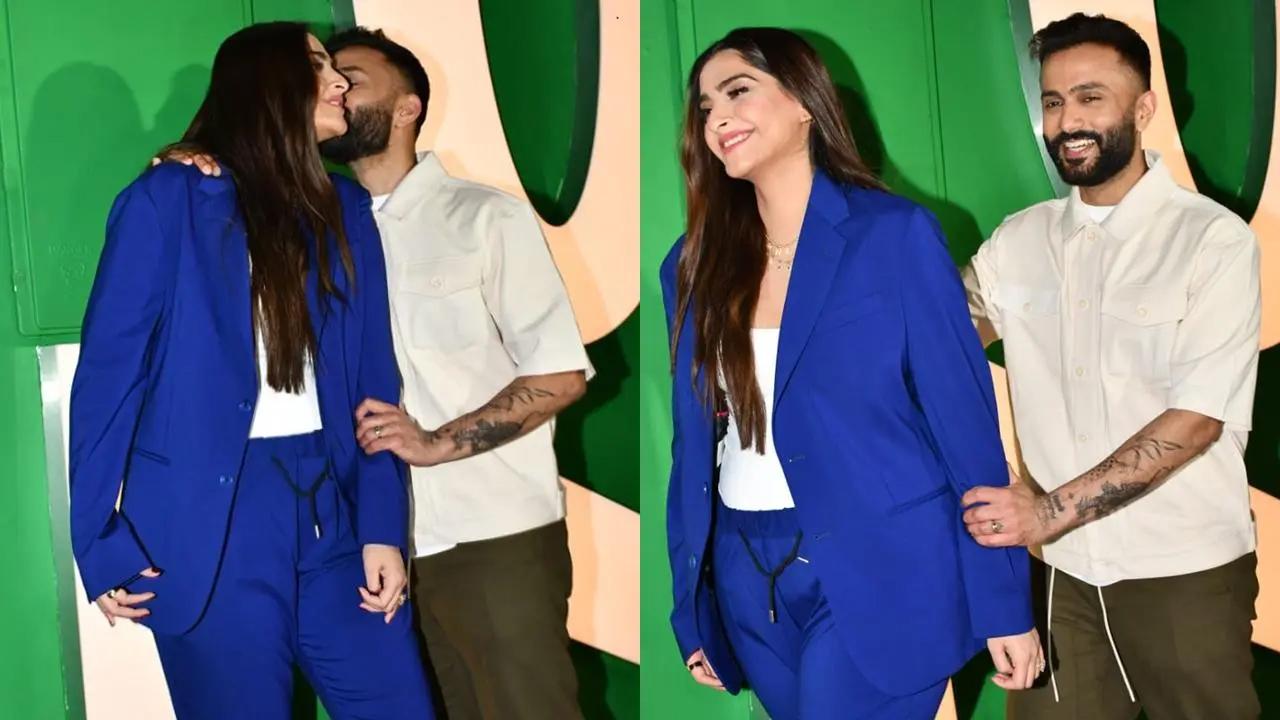 Sonam Kapoor, Anand Ahuja make first public appearance after pregnancy announcement
Soon after Sonam Kapoor announced her pregnancy, the actress and her husband Anand Ahuja's store launch in Mumbai. The fashion icon opted for a comfy yet classy blue pantsuit for the day, paired with white sneakers. Sonam Kapoor accessorized her look with an initials necklace and stud earrings. The store launch was also attended by Anil Kapoor, Harsh Varrdhan Kapoor, and Anshula Kapoor. View all pics here.