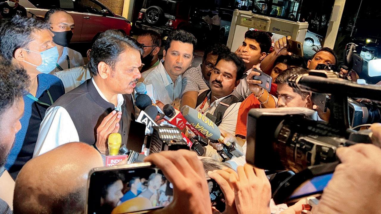 BJP leader Devendra Fadnavis speaks to the media in Goa