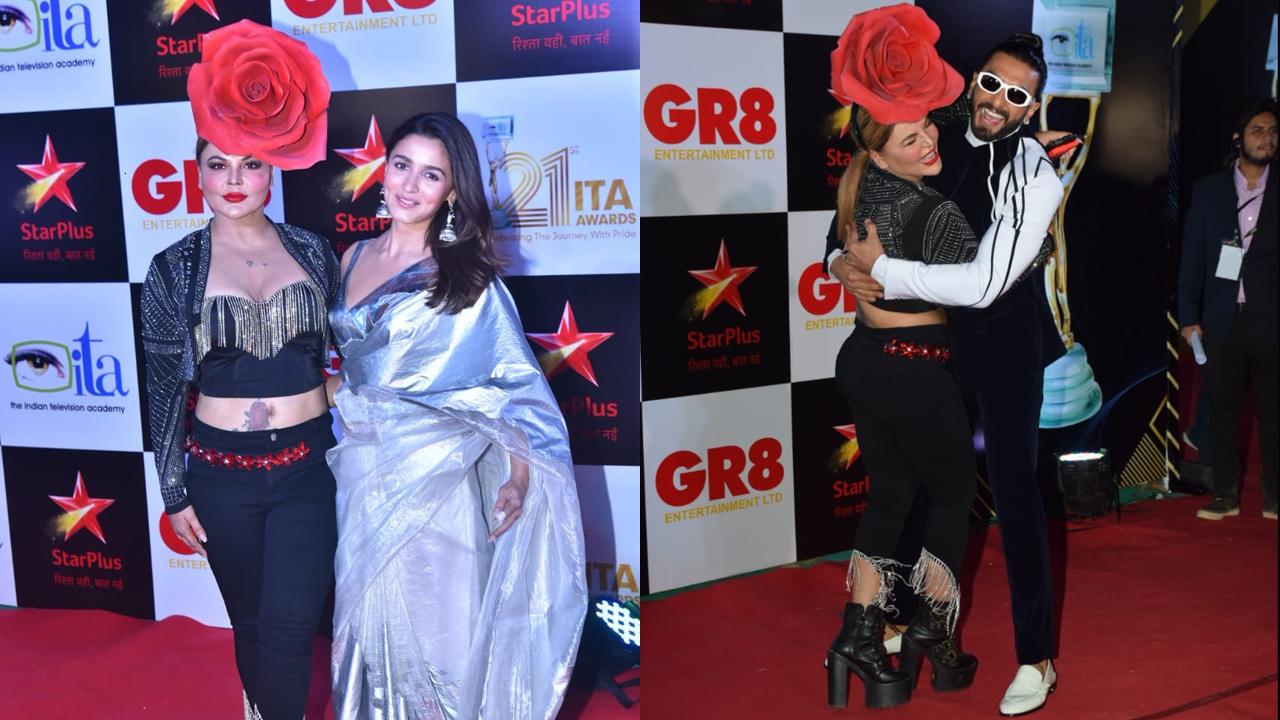 Rakhi Sawant was seen goofing around with Alia Bhatt and Ranveer Singh at the 21st Indian Television Academy Awards.