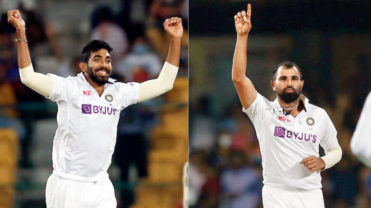 Indian pacer Jasprit Bumrah celebrates the dismissal of Sri Lanka’s Angelo Mathews; (right) Mohd Shami. Pics/PTI