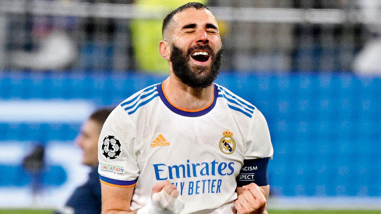 Benzema celebrates his hat-trick. Pics/AFP; Getty Images