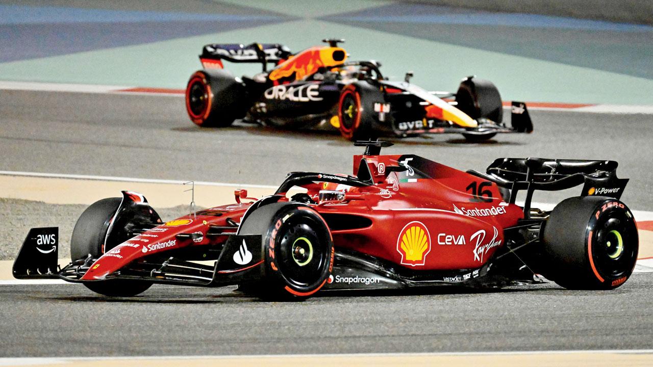 Ferrari’s Charles Leclerc leads Red Bull’s Max Verstappen during the Bahrain F1 GP at the Sakhir Circuit on Sunday. Pics/AFP