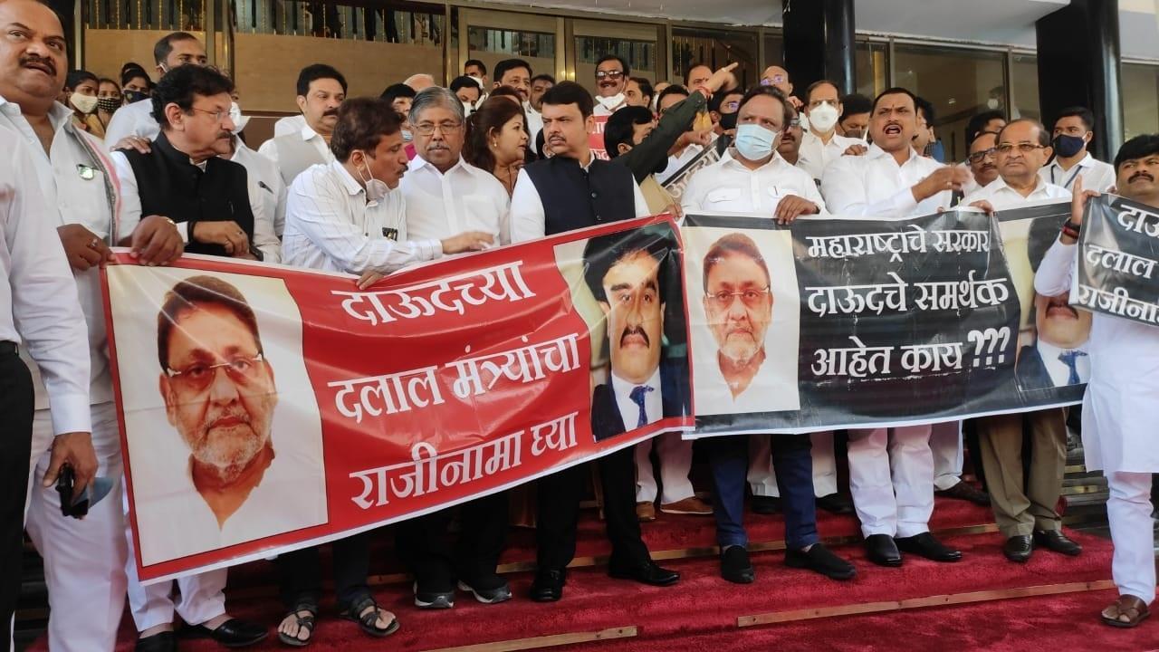 BJP stages protest ahead of Maharashtra budget session; seeks minister Nawab Malik's removal