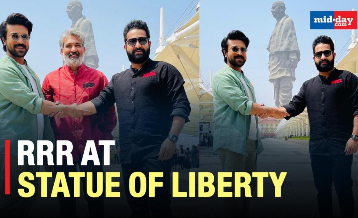 Ram Charan, Jr NTR, SS Rajmouli Promote RRR At Statue Of Liberty In Gujrat