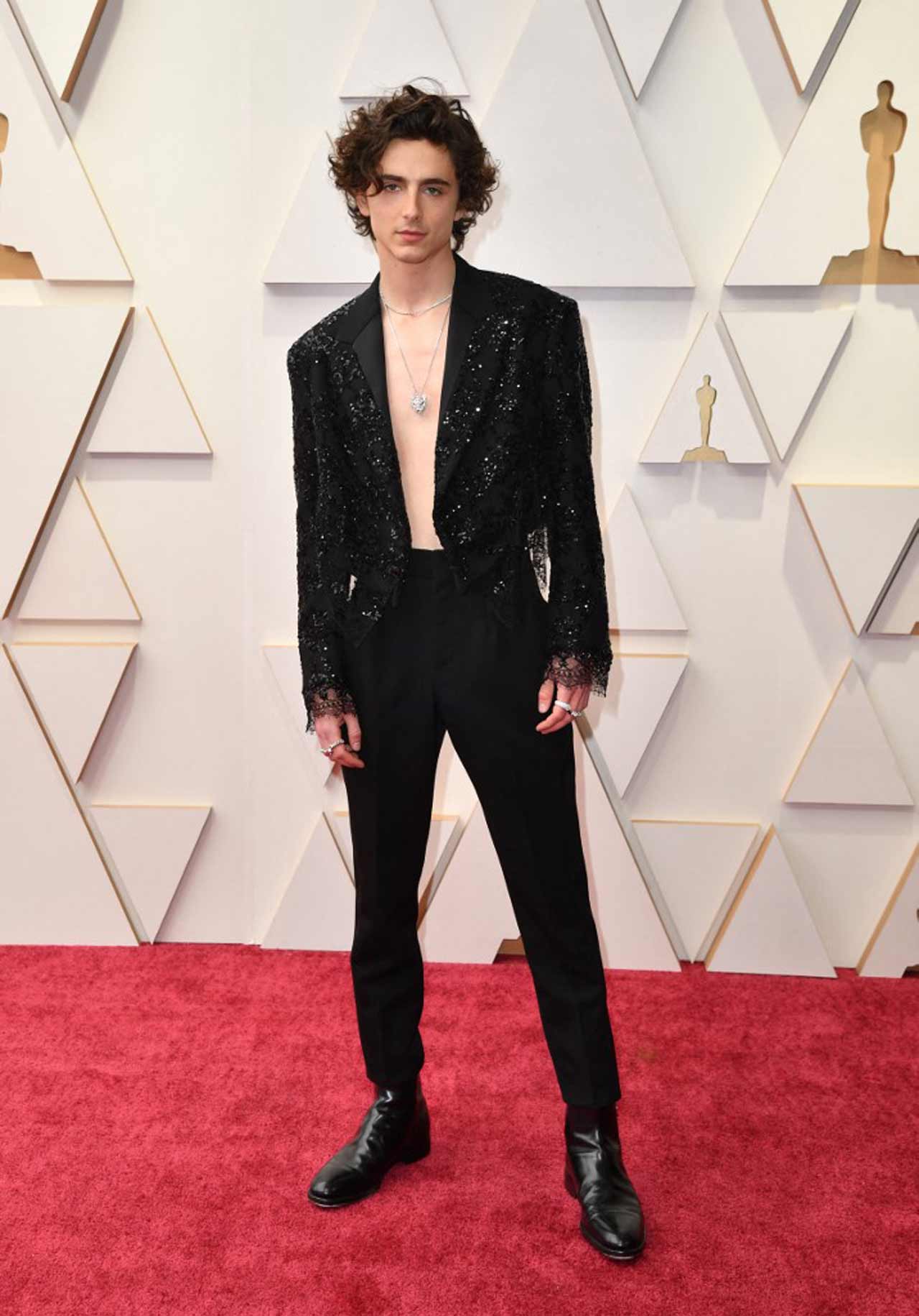 Timothee Chalamet looked dapper as he arrived wearing a sparkling, lace-trimmed Louis Vuitton tux with Cartier gems.