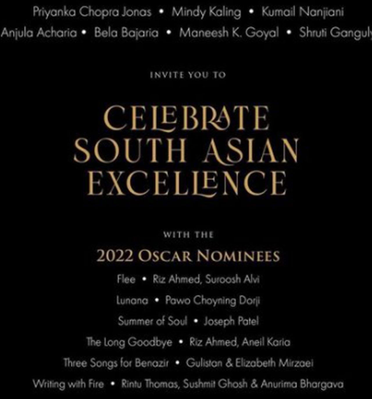 Priyanka Chopra was a part of the pre-Oscars event and even shared a lot of pictures on Instagram. For Hollywood fans, she has shared a picture of the nominees and to celebrate the South Asian Excellence. 