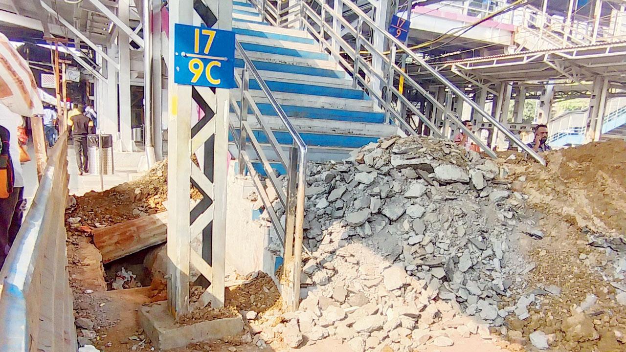 The south-end staircase of a bridge is blocked on Wednesday