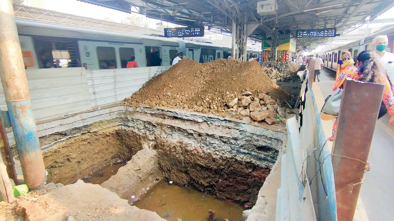 The dug-up middle portion of platforms 3 and 4
