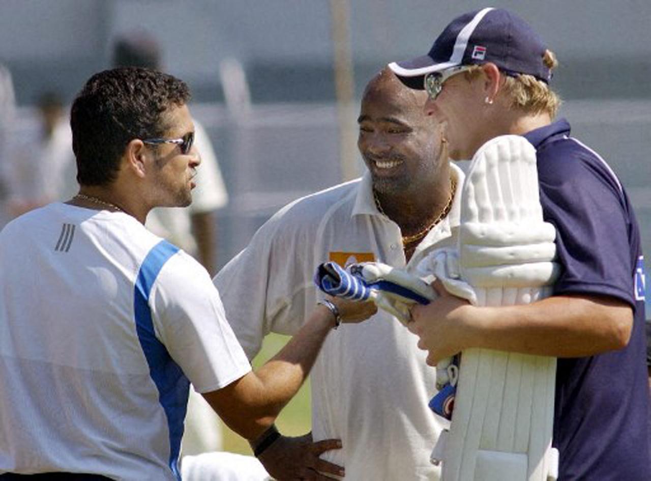 Shane Warne was part of the IPL from 2008 to 2011 where he played for Rajasthan Royals and even led them to the inaugural IPL title in 2008. In pic: Warne sharing a candid conversation with Sachin Tendulkar and Vinod Kambli in 2004.