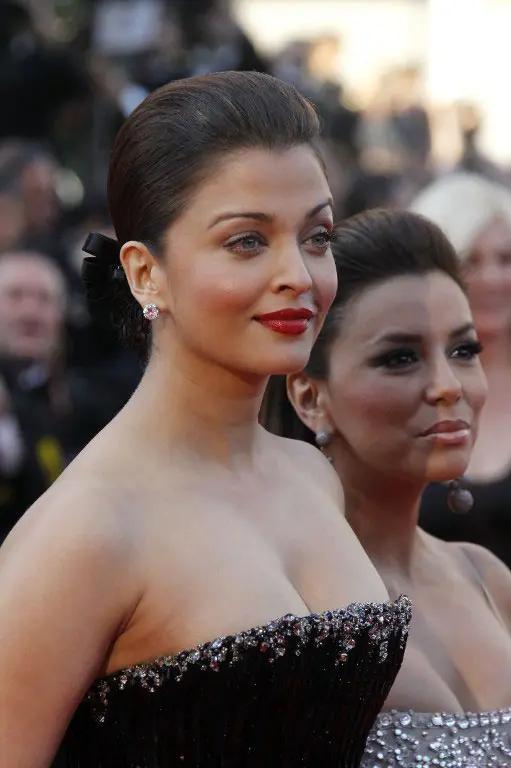 2010: Aishwarya Rai Bachchan and Eva Longoria at the screening of the film 'Tournee' ('On Tour') presented at the 63rd Cannes Film Festival on May 13, 2010