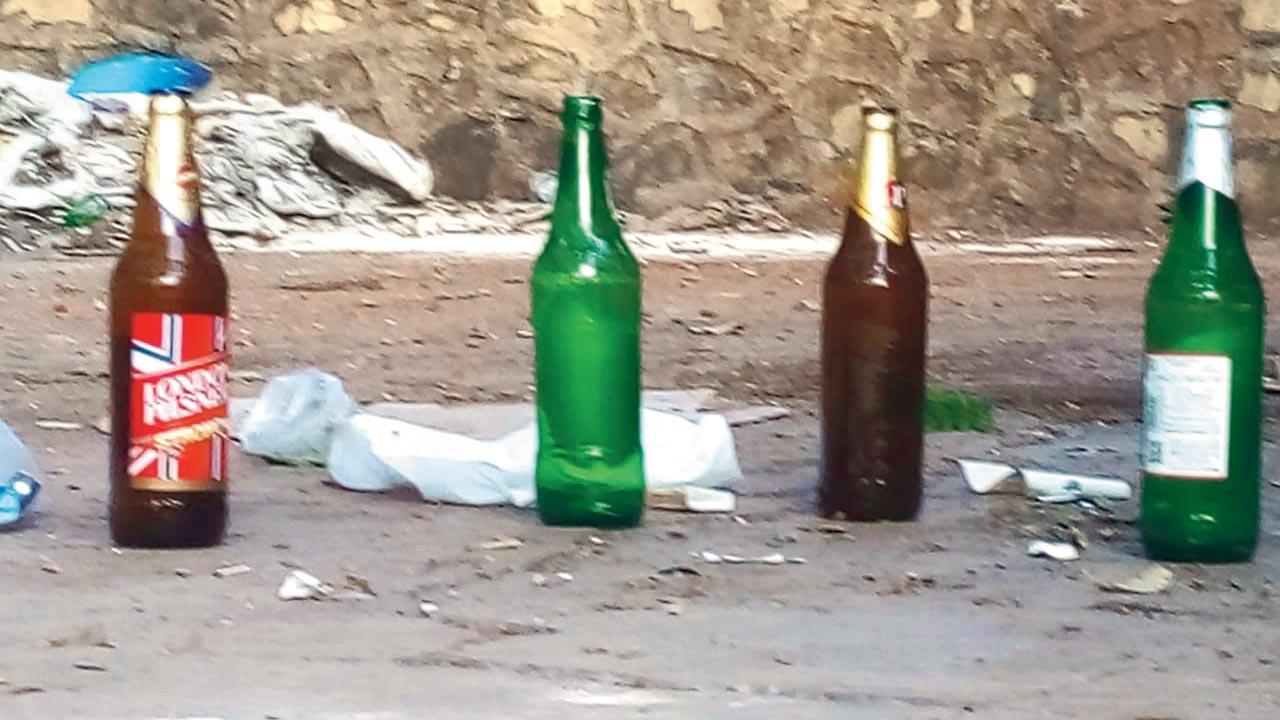 Empty liquor bottles strewn on the ground 