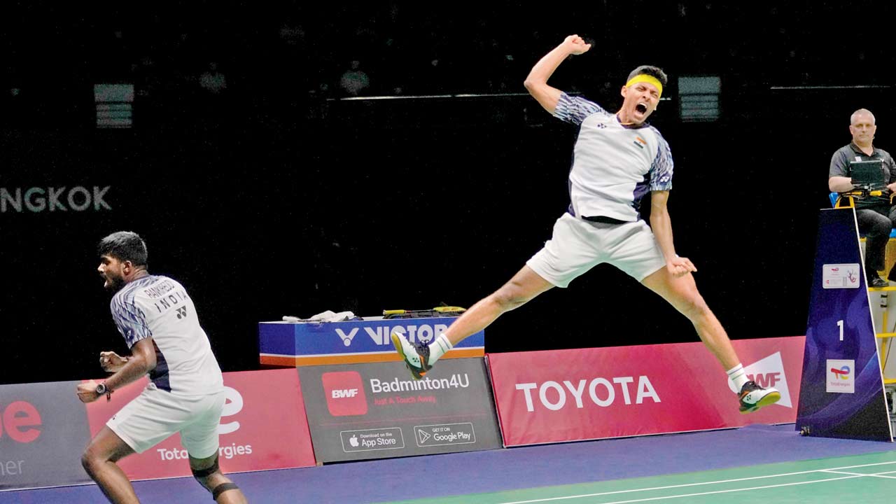 India’s men’s doubles pair of Satwiksairaj Rankireddy (left) and Chirag Shetty are ecstatic after their 18-21, 23-21, 21-19 win over Indonesia’s Mohammad Ahsan and Kevin Sanjaya Sukamuljo