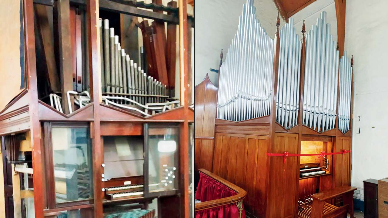 The pipe organ before its repair and restoration; (right) the re-leathered, re-felted pipe organ