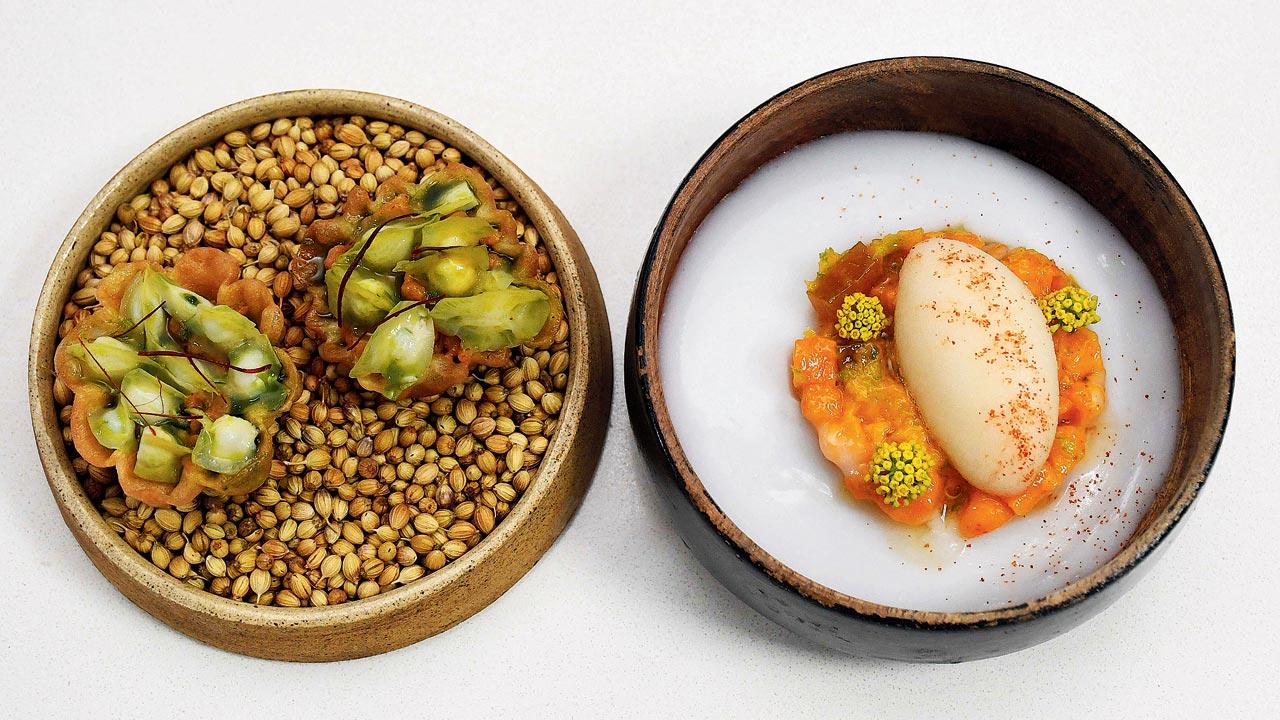 Murungakkai Marrow, Chef Totlani’s take on Tamil Nadu’s murungakkai kuzhambu and (left) his dessert featuring aam papad made with alphonso, sorbet made from Valloné’s dessert wine Vin de Passerillage from Nashik and ambemohar rice cream 