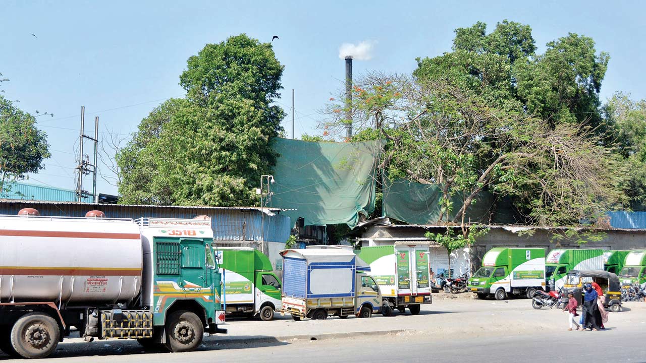 Trucks at the waste plant at Govandi, on Monday